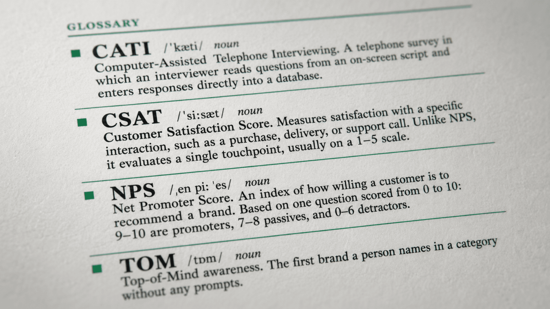 Market research glossary: NPS, CATI, U&A and 20 more terms - with formulas and examples